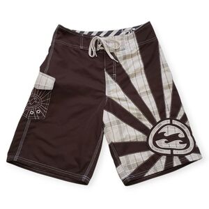 Billabong Andy Irons Signature Rising Sun Board Shorts Men's 28 Brown Plaid Y2K